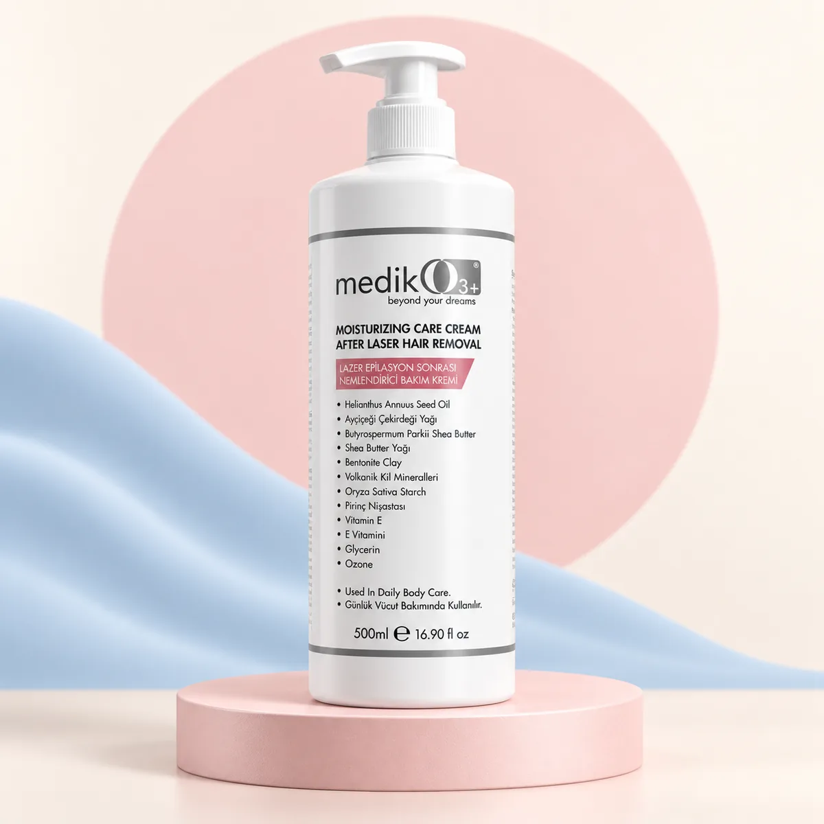 MedikO3 lazer epilasyon sonrası bakım kremi — 500 ml pompalı şişe