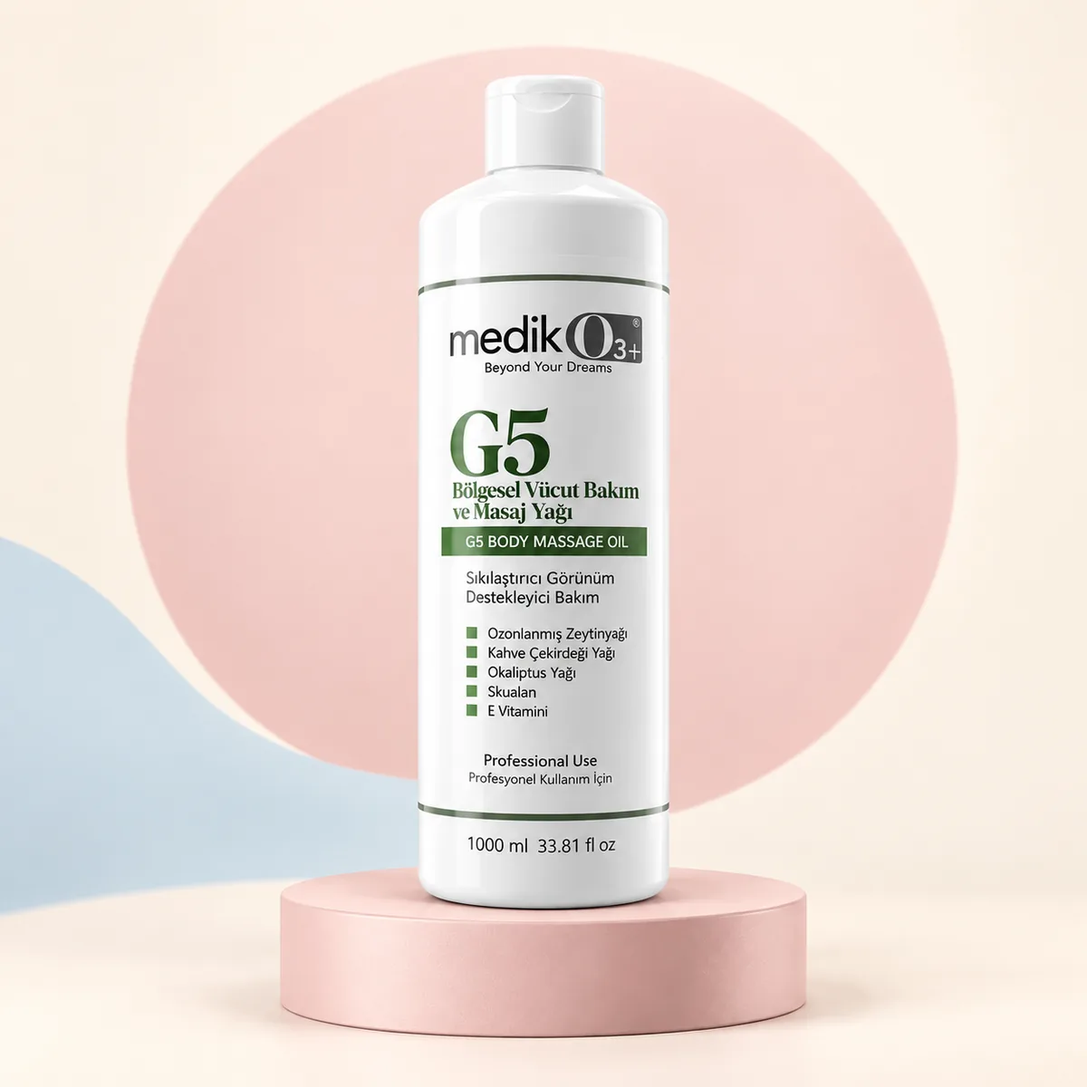 MedikO3 G5 bölgesel vücut bakım ve masaj yağı — 1000 ml şişe