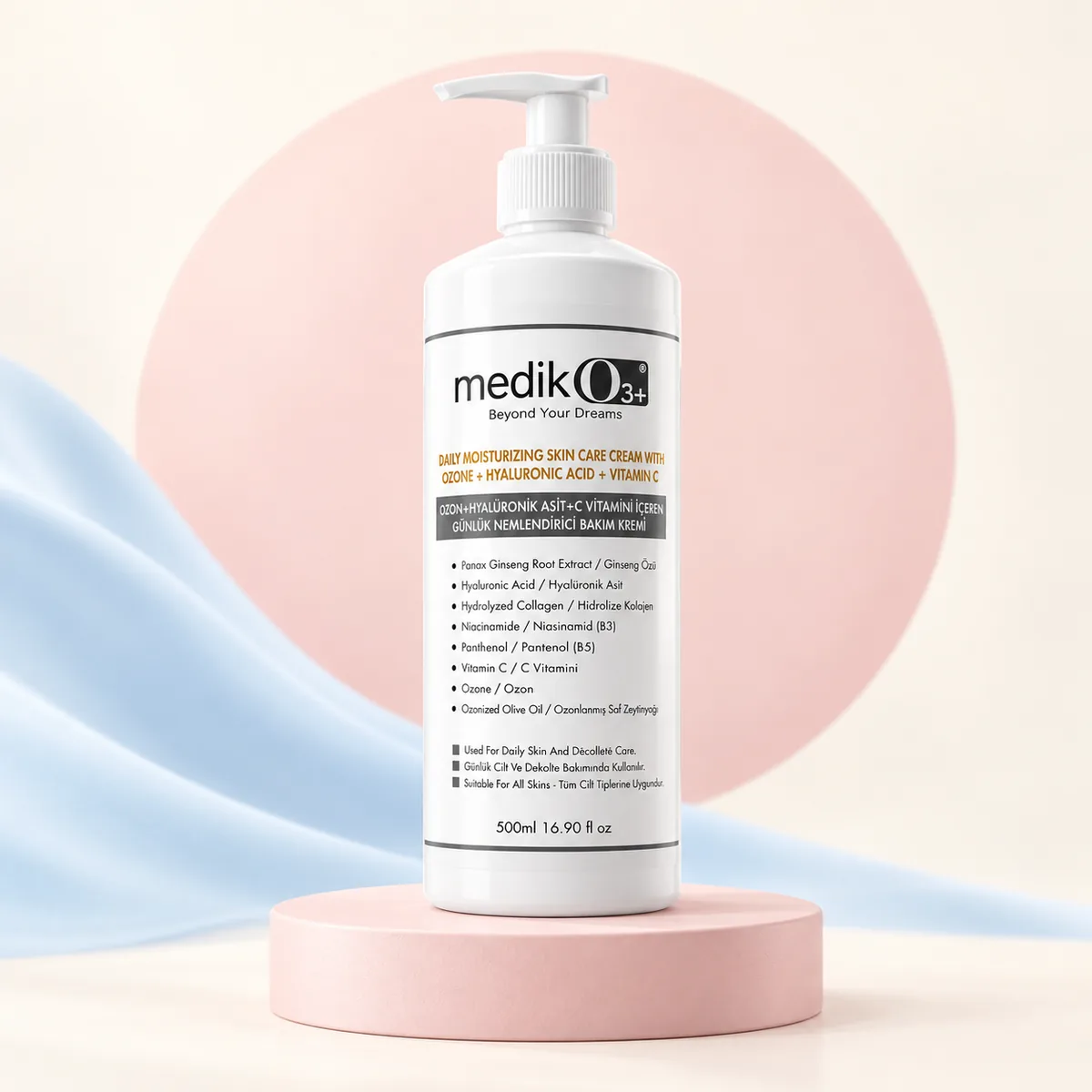 MedikO3 profesyonel günlük nemlendirici — 500 ml pompalı şişe