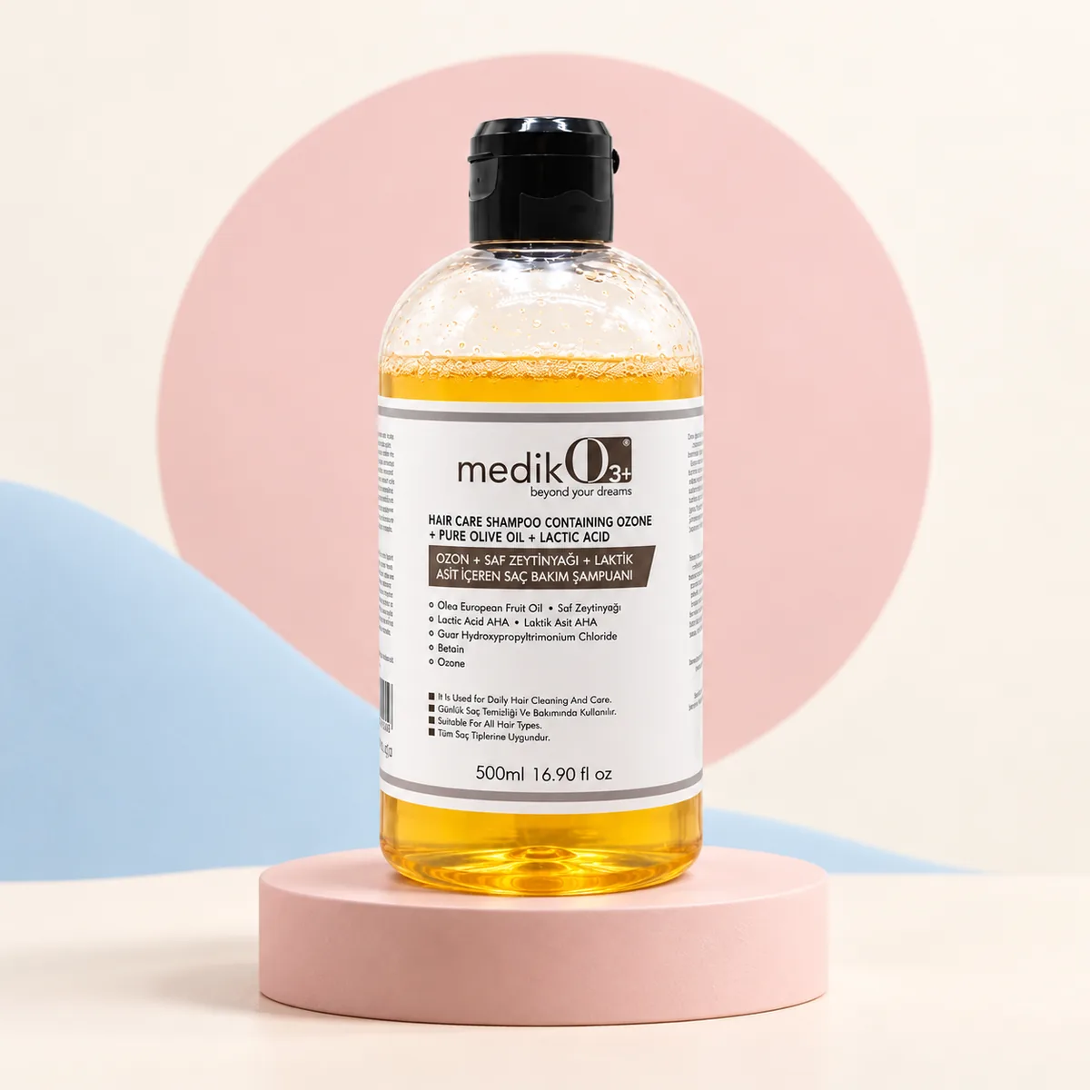 MedikO3 ozonlu saç bakım şampuanı — 500 ml amber şişe