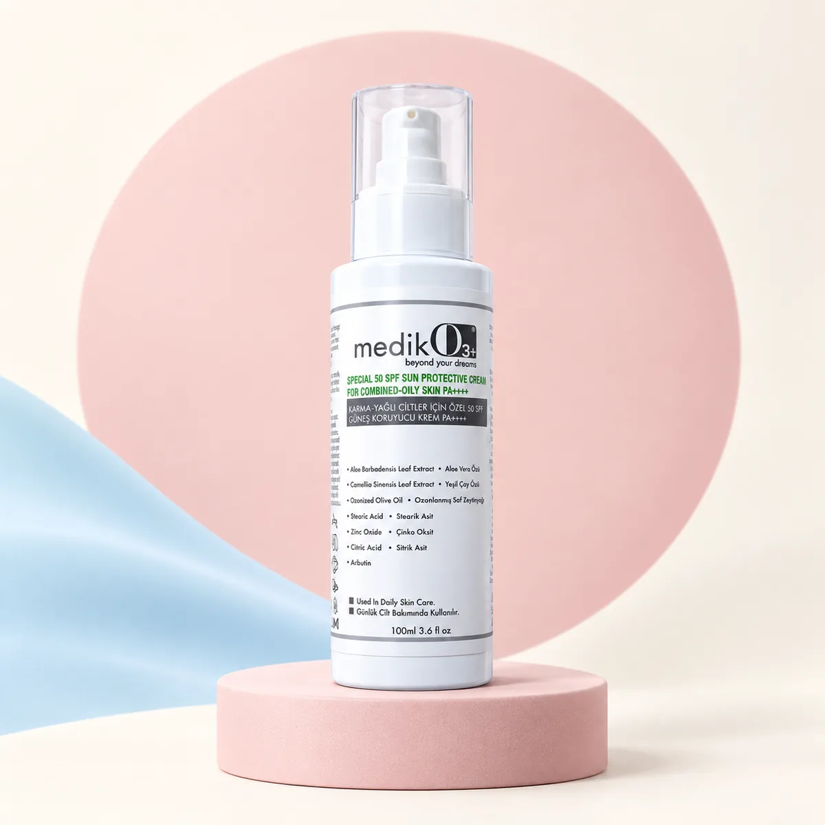 MedikO3 karma ve yağlı ciltler için SPF 50 bakım kremi — 100 ml şişe
