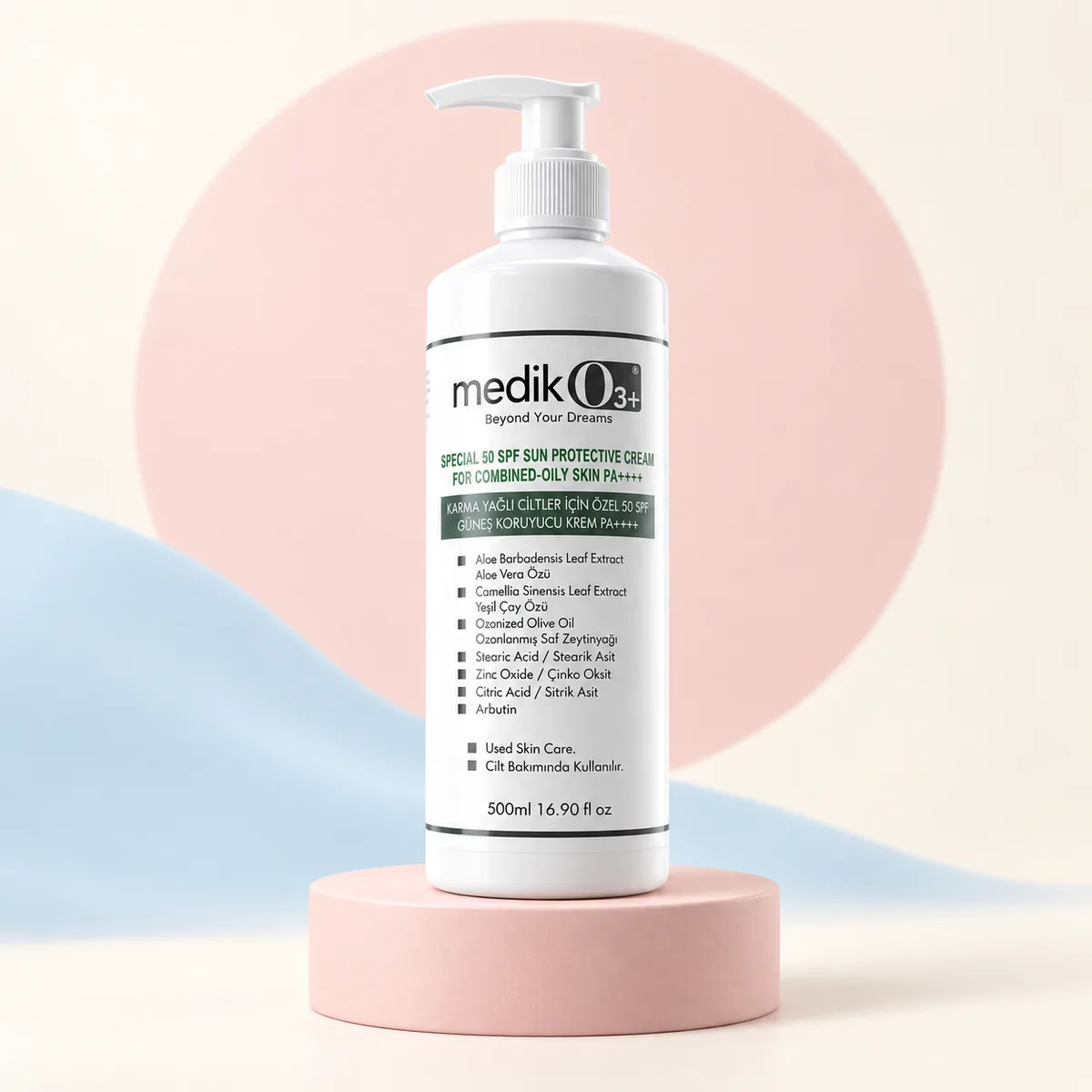 MedikO3 karma ve yağlı ciltler için SPF 50 bakım kremi — 500 ml pompalı şişe