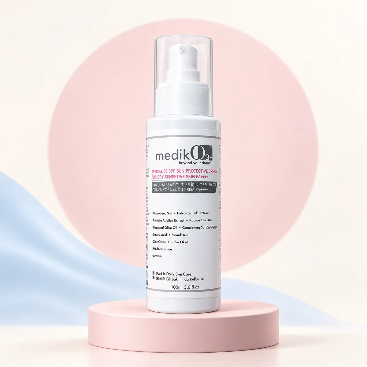 MedikO3 kuru ve hassas ciltler için SPF 50 bakım kremi — 100 ml şişe