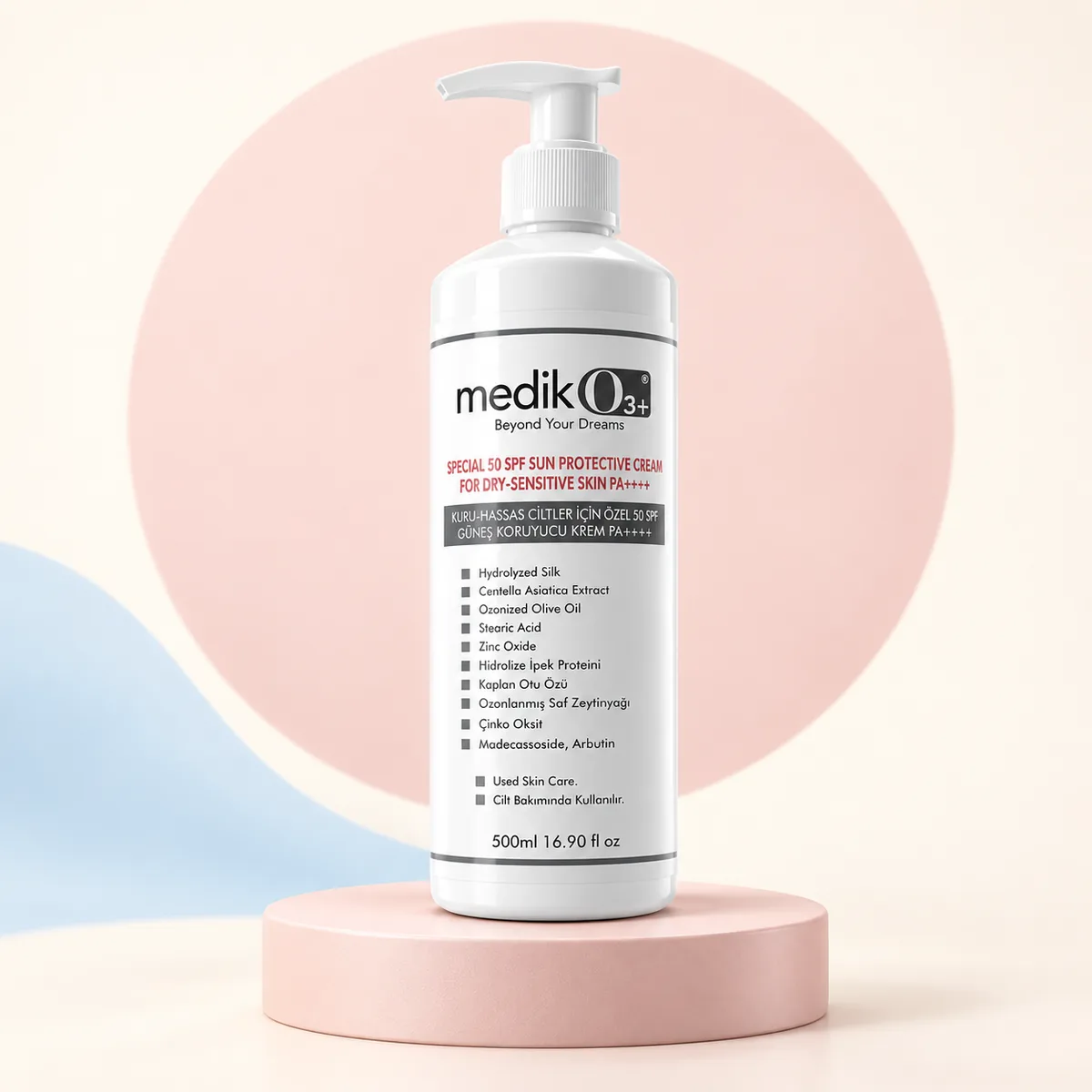 MedikO3 kuru ve hassas ciltler için SPF 50 bakım kremi — 500 ml pompalı şişe