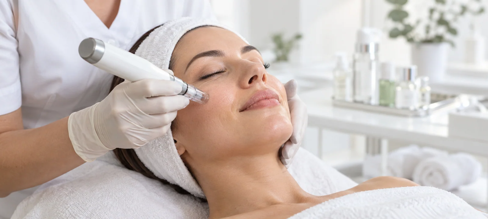 Derma terapi cihazını danışanın yanağına uygulayan uzman